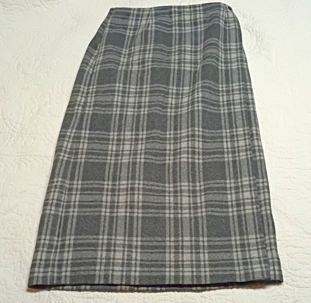 Vintage Field Gear Wool Blend Gray Plaid Lined Knee-Length Wrap Skirt Preppy